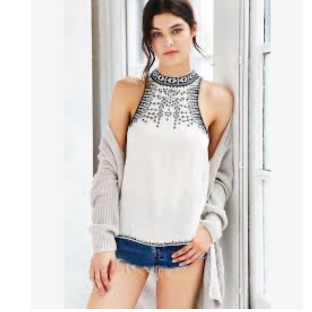Ecote Urban Outfitters Leah Embroidered Halter Top Cream Navy Boho Blouse M